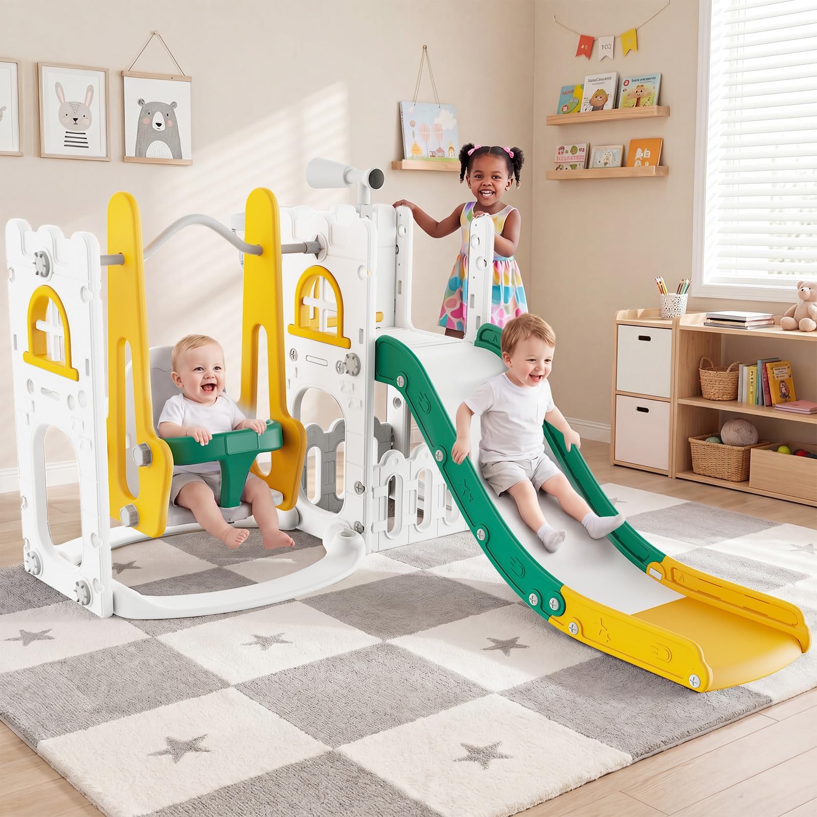 Basketball Hoop Kids Indoor - 7-in-1 peuterglijbaan en schommelset voor binnen