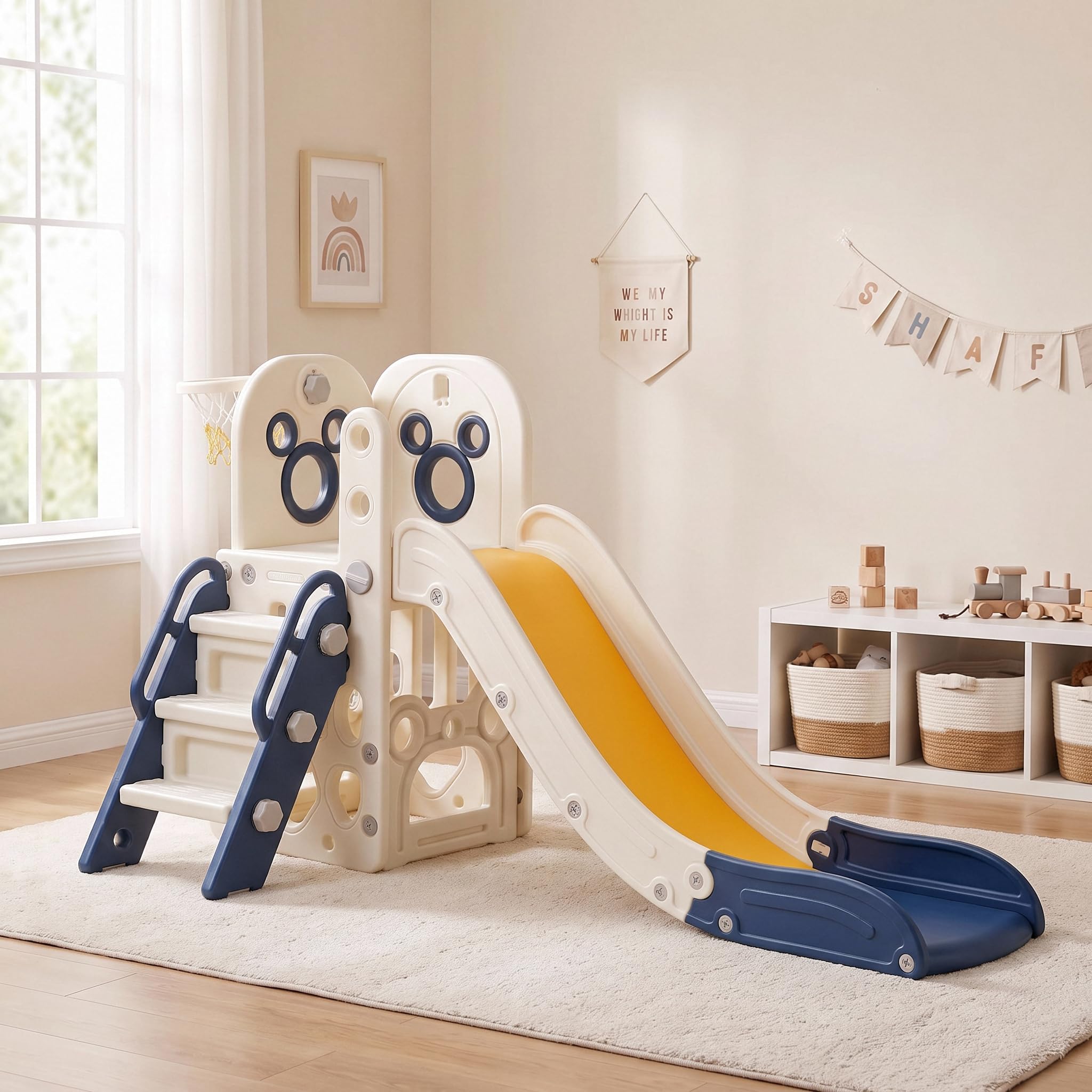 Basketball Hoop Kids Indoor - 6-in-1 peuter glijbaan speelset, stevige L-vormige